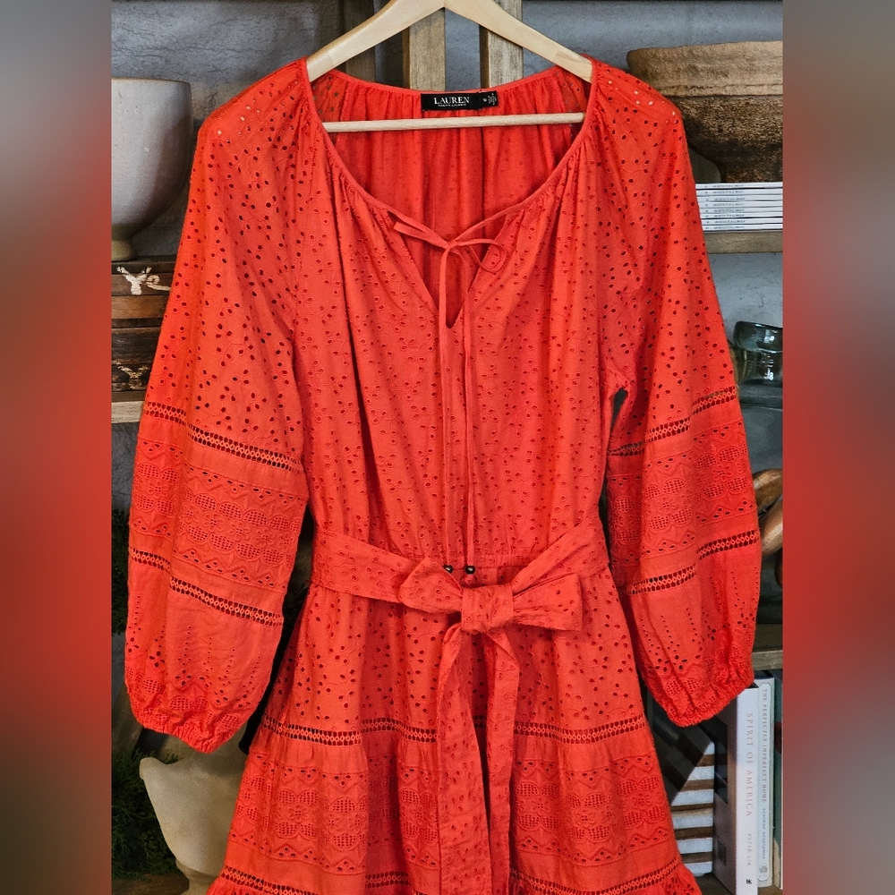 Lauren Ralph Lauren Red Eyelet Mini Dress Broderie Anglaise Belted Sz 10 - Picture 8 of 15